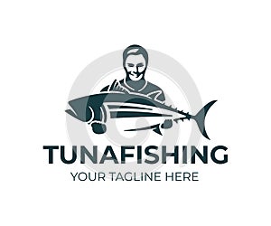 Fishing, fisherman holds tuna fish, logo design. Fishing sport club and angler, nature, animal and underwater life, vector design