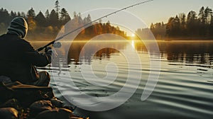 Fishing. Fisherman with rod, spinning reel on the river bank. Background Misty morning. Generative AI