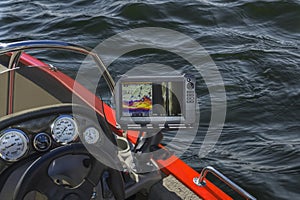Fishfinder, echolot, fishing sonar at the boat
