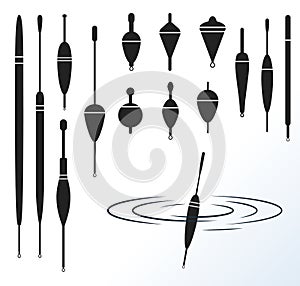 Fishing float. Vector set of fishing gear. Black silhouettes