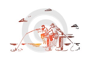 Fishing, friends, two, vacation concept. Hand drawn isolated vector.