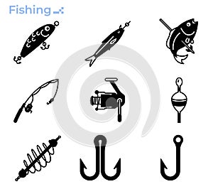 Fishing gear glyph style icon set.