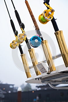 Fishing gear in a motor boat. Saltwater fly fishing and fly rod and reel