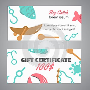 Fishing gift certificate. Big catch text. Banners with quotes about fishing. Flat fish icons, with net or rod. Salmon