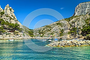 Fishing harbor with rocky bay near Marseilles, Cassis, France, Europe