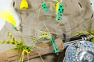 Fishing Hat with Fly Rod and Reel with Bass Flies