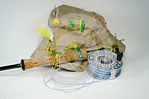 Fishing Hat with Fly Rod and Reel with Bass Flies