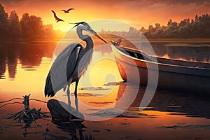 fishing heron sitting in boat on water near shore against background of sunset