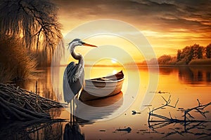 fishing heron sitting in boat on water near shore against background of sunset