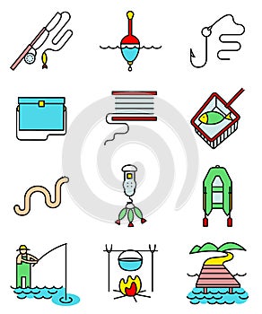 Fishing hobby line art thin and simply colorful icons set.