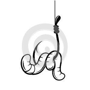 Fishing hook baited with an earthworm drawing, vector