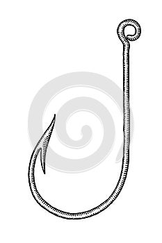 Fishing hook black and white engraved