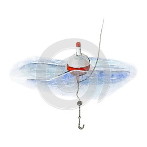 Fishing hook and bobber splash. Watercolor drawing of a fish hook under water isolated on a white background. The red