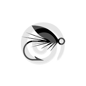 Fishing hook with feather icon. Graphic fly fishing icon or logo