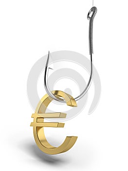 Fishing hook with golden symbol of euro