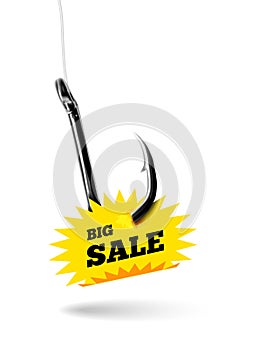 Fishing hook with label price tag with text big sale. Vector illustration