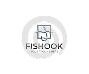 Fishing hook logo template. Fishing gear vector design