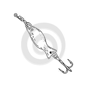 Fishing hook minnow vector illustration tackle. Metal fly gudgeon spinner lure feeding. Bait line drawing. Ink