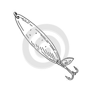 Fishing hook minnow vector illustration tackle. Metal fly gudgeon spinner lure feeding. Bait line drawing. Ink