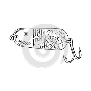 Fishing hook minnow vector illustration tackle. Metal fly gudgeon spinner lure feeding. Bait line drawing. Ink