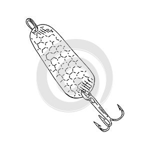 Fishing hook minnow vector illustration tackle. Metal fly gudgeon spinner lure feeding. Bait line drawing. Ink