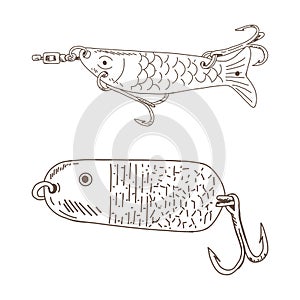 Fishing hook minnow vector illustration tackle set. Metal fly gudgeon spinner lure feeding. Bait line drawing. Ink
