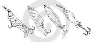 Fishing hook minnow vector illustration tackle set. Metal fly gudgeon spinner lure feeding. Bait line drawing. Ink