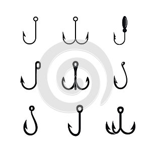 Fishing hook rod tackle icons set, simple style.