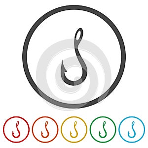 Fishing hook sign. Set icons in color circle buttons