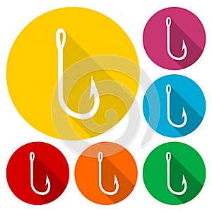 Fishing Hook vector icons set with long shadow