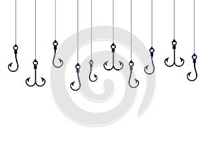 Fishing hooks on fishing lines underwater graphic background. Wallpaper with catching fish. Vector illustration