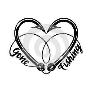 Fishing hooks in the shape of a heart. Fishing equipment. Fishing emblem. - template for fishing design