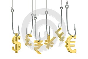 Fishing hooks with symbols of dollar, euro, pound sterling, fran