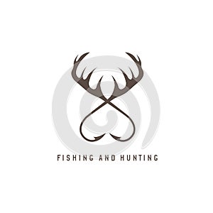 Fishing and hunting illustration with deer horns and fishing