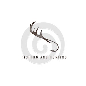 Fishing and hunting illustration with deer horns and fishing