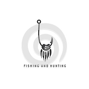 Fishing and hunting illustration with paw of bear and fishing