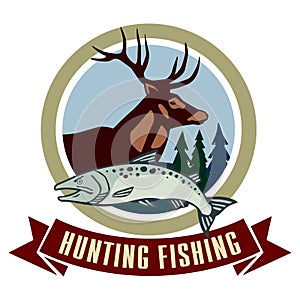 Fishing hunting logo. Deer and fish in a circle. The emblem for the hunting club