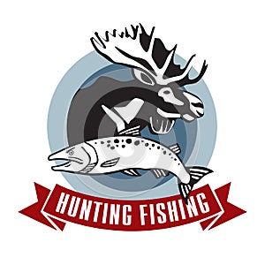 Fishing hunting logo. Elk and fish in a circle. The emblem for the hunting club