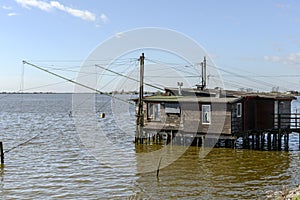 Fishing hut on the brackish lagoon, Comacchio, Italy