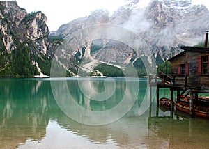 Fishing Hut on Braies Lake at the Dolomiti Mountain on the Italian Alps