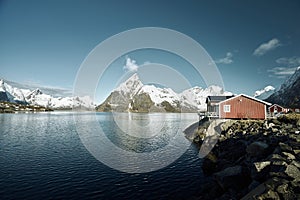 Fishing hut at spring day - Reine, Lofoten islands, Norway