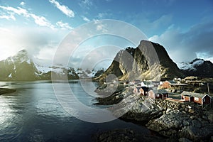 Fishing hut at spring sunset - Reine, Lofoten