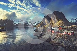 Fishing hut at spring sunset - Reine, Lofoten islands