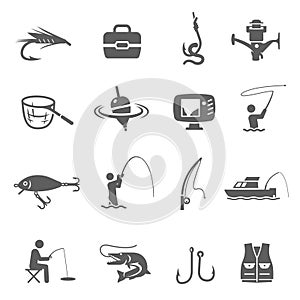 Fishing icon set, catching fish sport and hobby