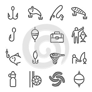 Fishing Icon Set. Contains such Icons as Fish Hook, Net, Fishing Pole, Tackle Box and more. Expanded Stroke