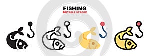 Fishing icon set with different styles. Editable stroke and can be used for web, mobile, ui and more