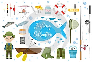 Fishing icon set, flat, cartoon style. Fishery collection objects, design elements, isolated on white background