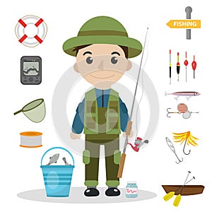 Fishing icon set, flat, cartoon style. Fishery collection objects, design elements, isolated on white background