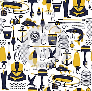 Fishing icon set. seamless pattern