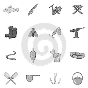 Fishing icons set, black monochrome style